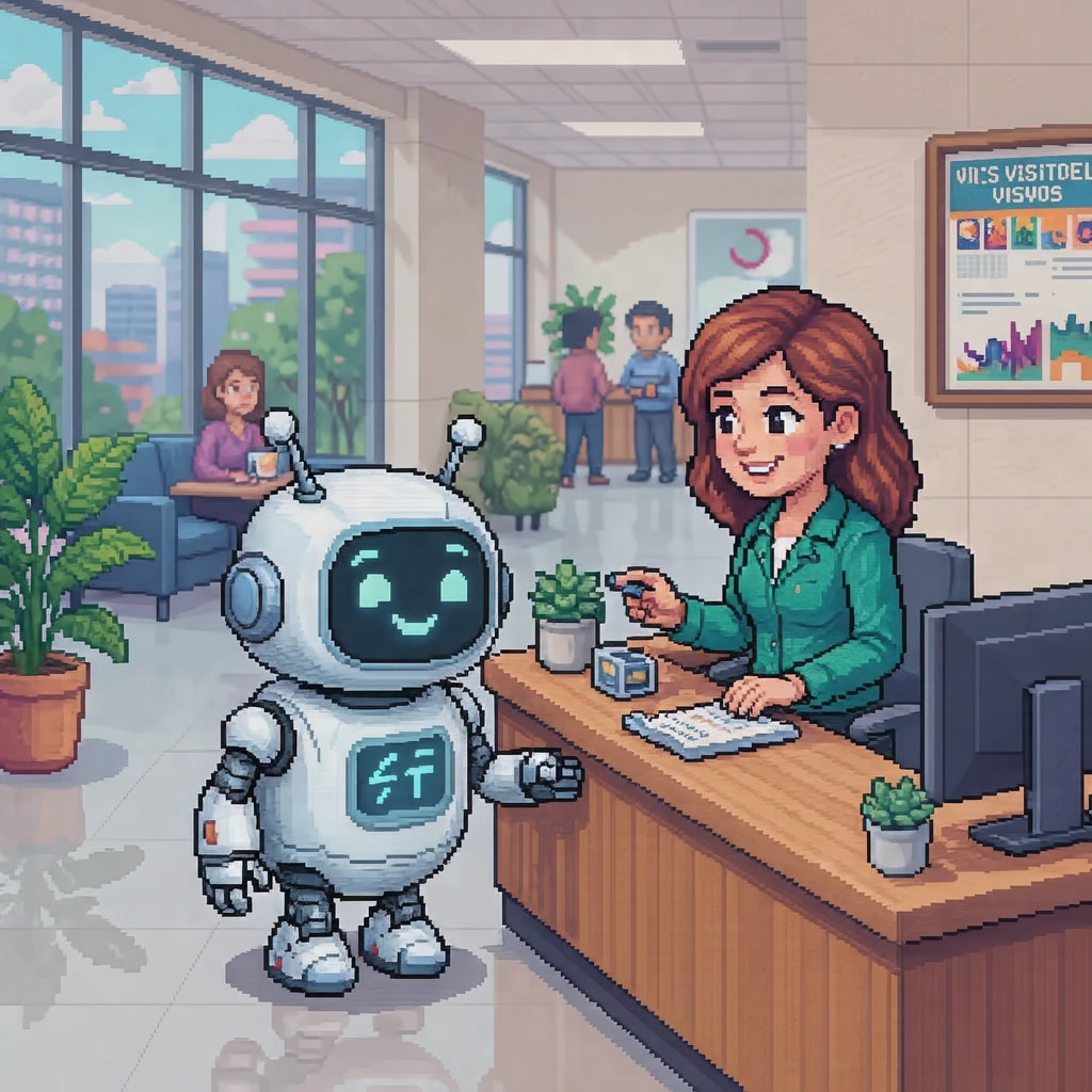 オフィスの受付で来客にお辞儀をする案内ロボットのイラスト(ドット絵)