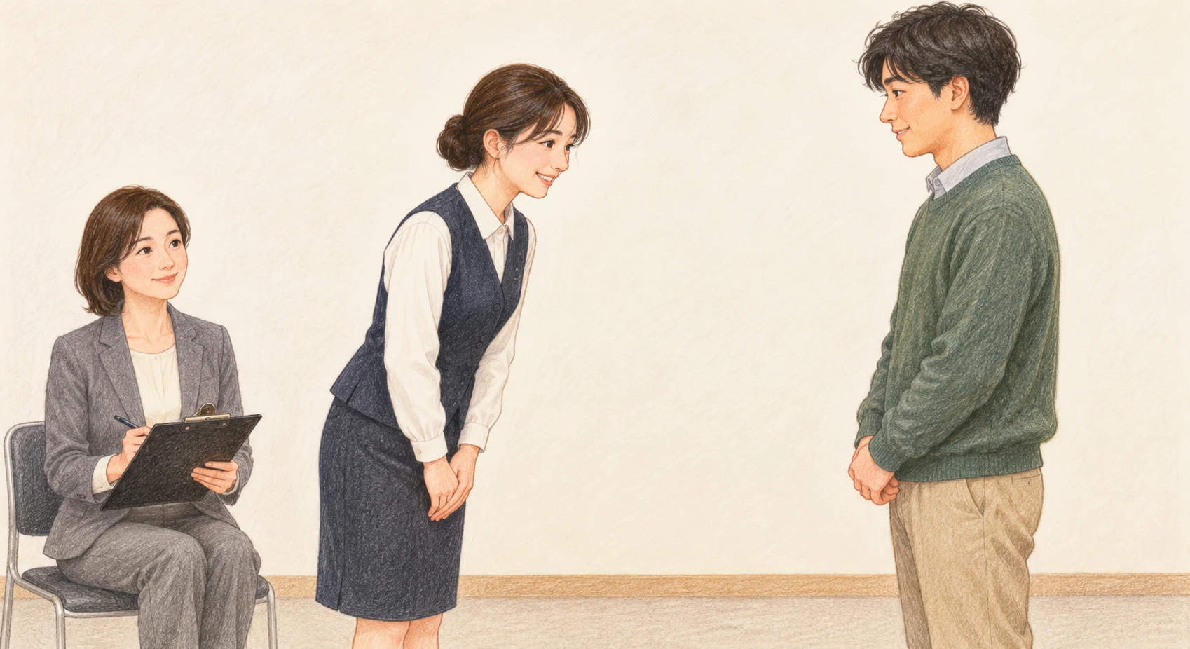 接客のロールプレイ研修のイラスト（色鉛筆）