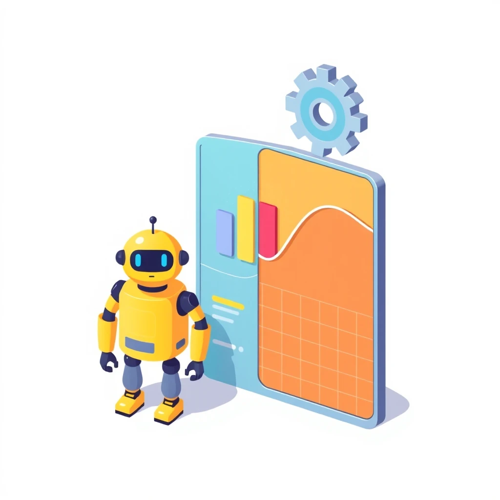 ダッシュボードのそばに立つロボットのアイソメトリックイラスト
