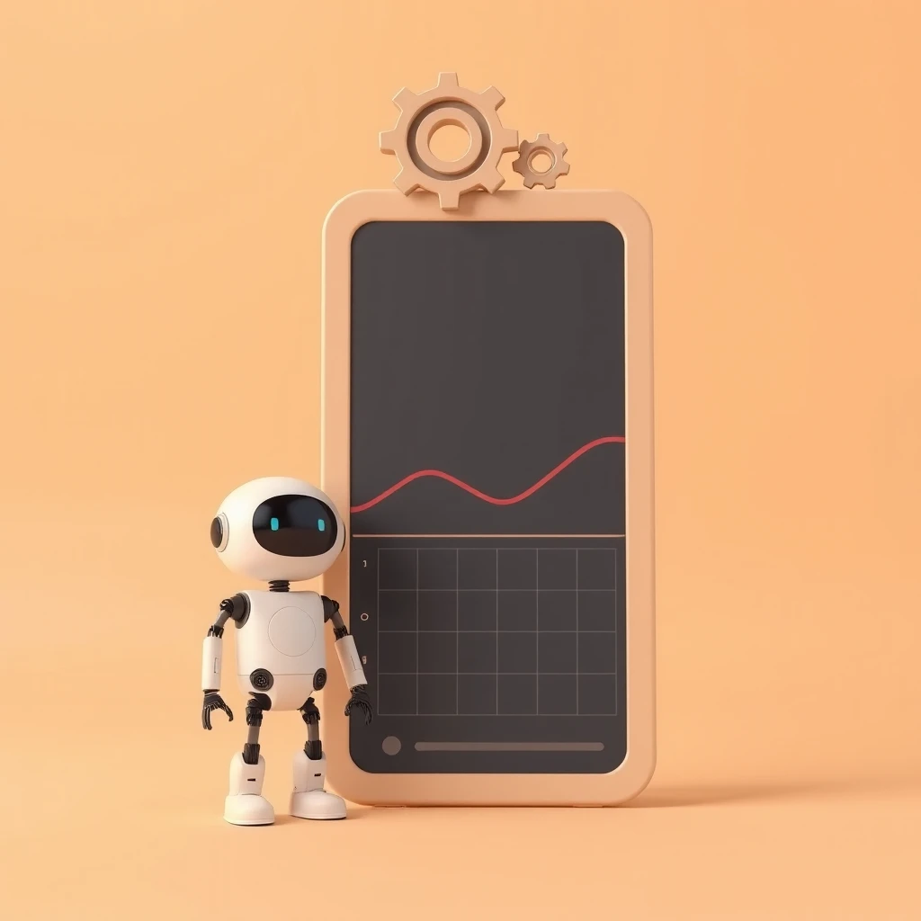 ダッシュボードのそばに立つロボットのソフトな3Dイラスト