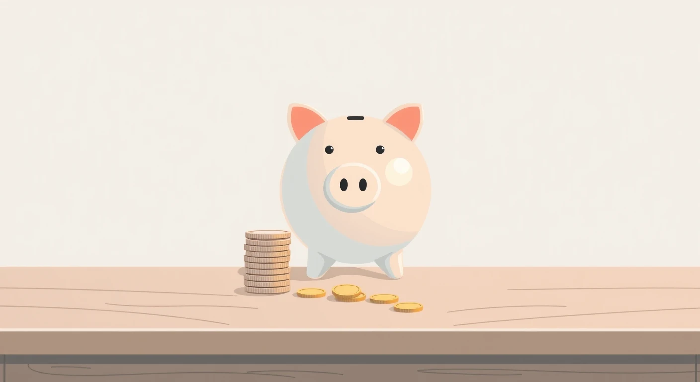 机の上の貯金箱とコインのイラスト
