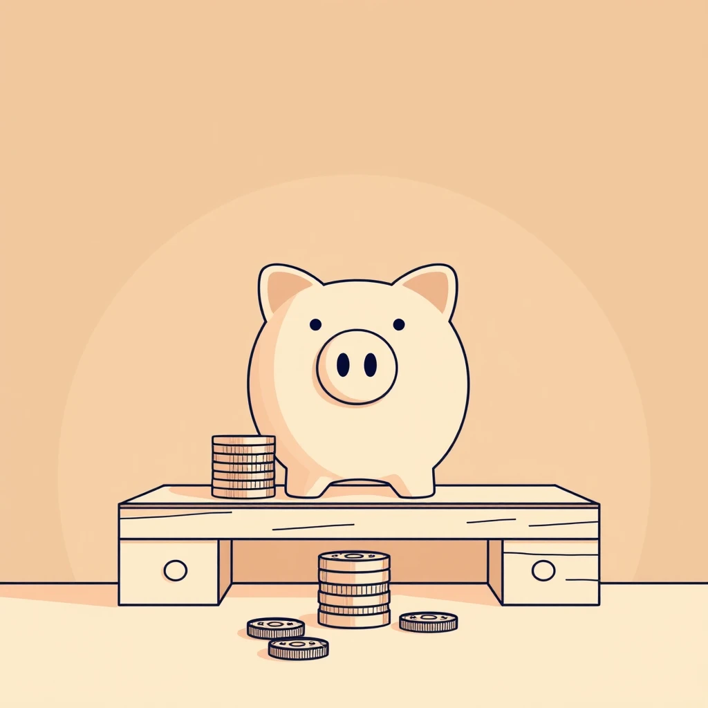 机の上の貯金箱とコインのイラスト