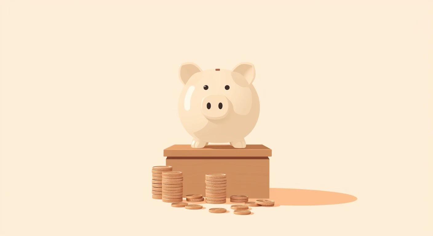 机の上の貯金箱とコインのイラスト