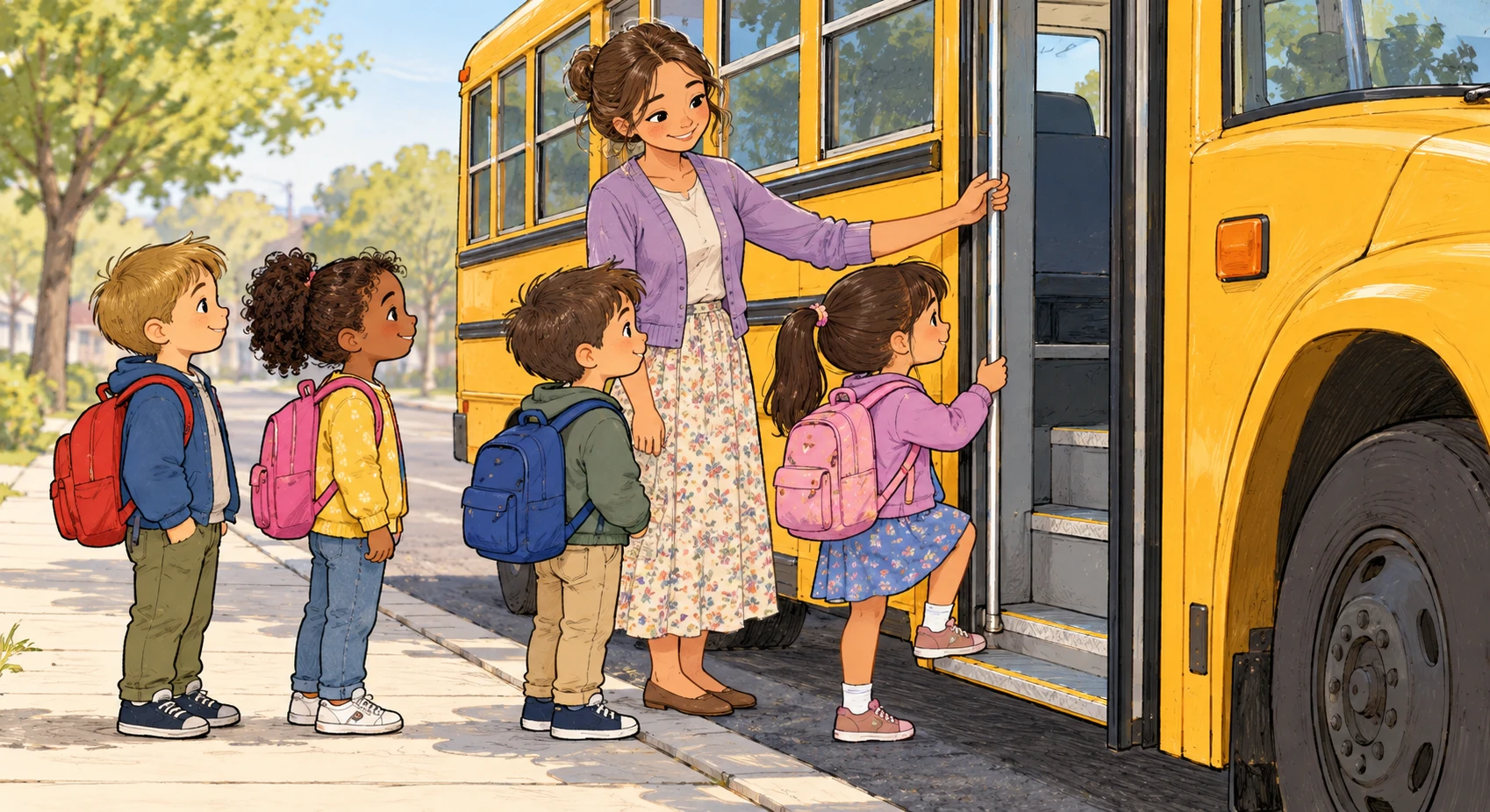 Illustration of children boarding a school bus with a teacher (hand-drawn)