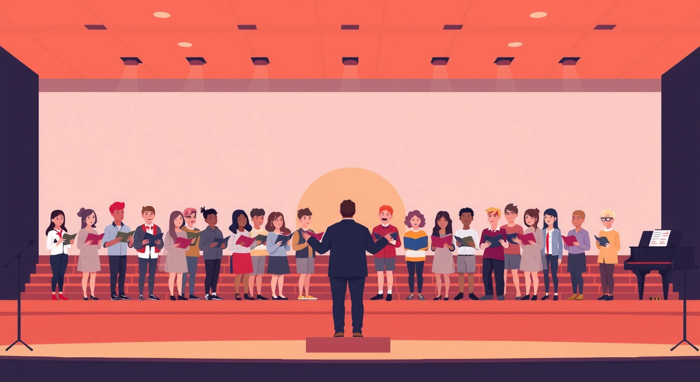 ステージで合唱する生徒と指揮者のフラットイラスト