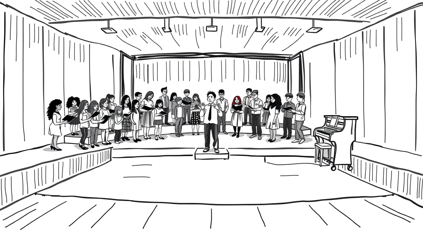 ステージで合唱する生徒と指揮者の手描き風イラスト