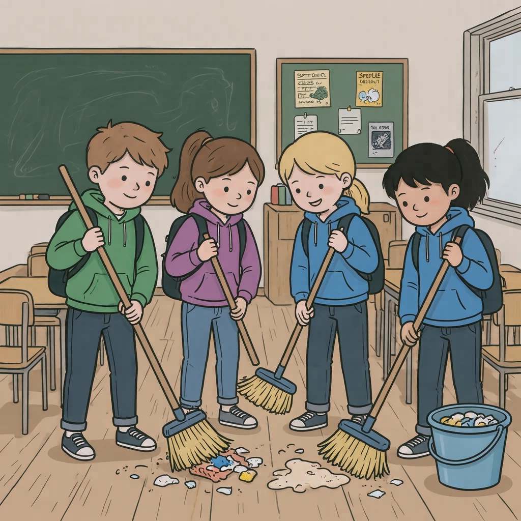 掃除の時間に教室をほうきで掃く生徒たちのイラスト（ゆるいイラスト）