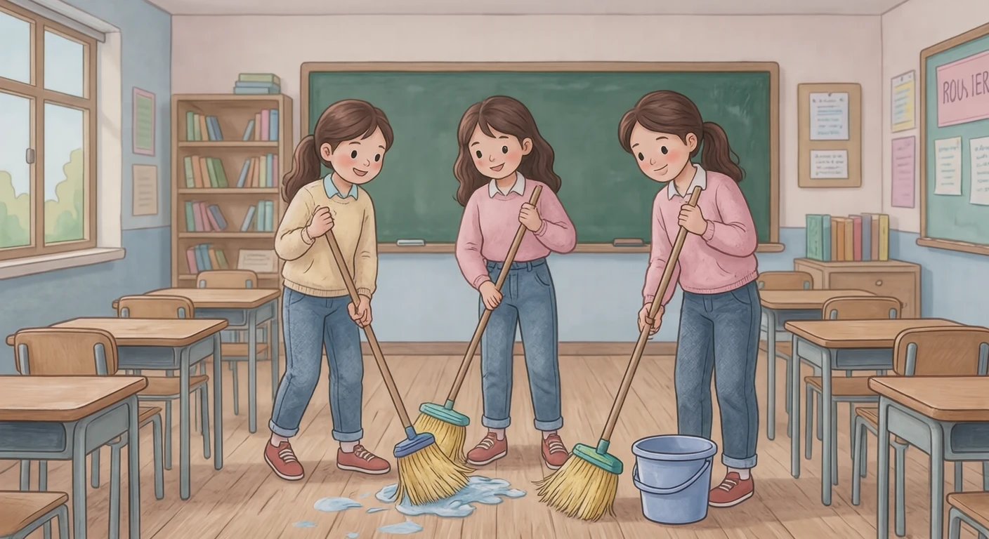 청소 시간에 빗자루로 교실을 쓰는 학생들 일러스트 (소프트 파스텔)