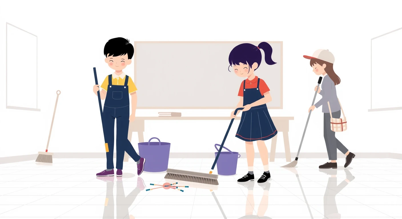 Flat illustration of students sweeping a classroom during cleaning time
