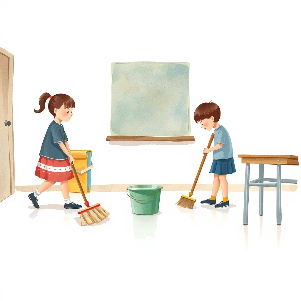 掃除の時間に教室をほうきで掃く生徒たちの水彩イラスト