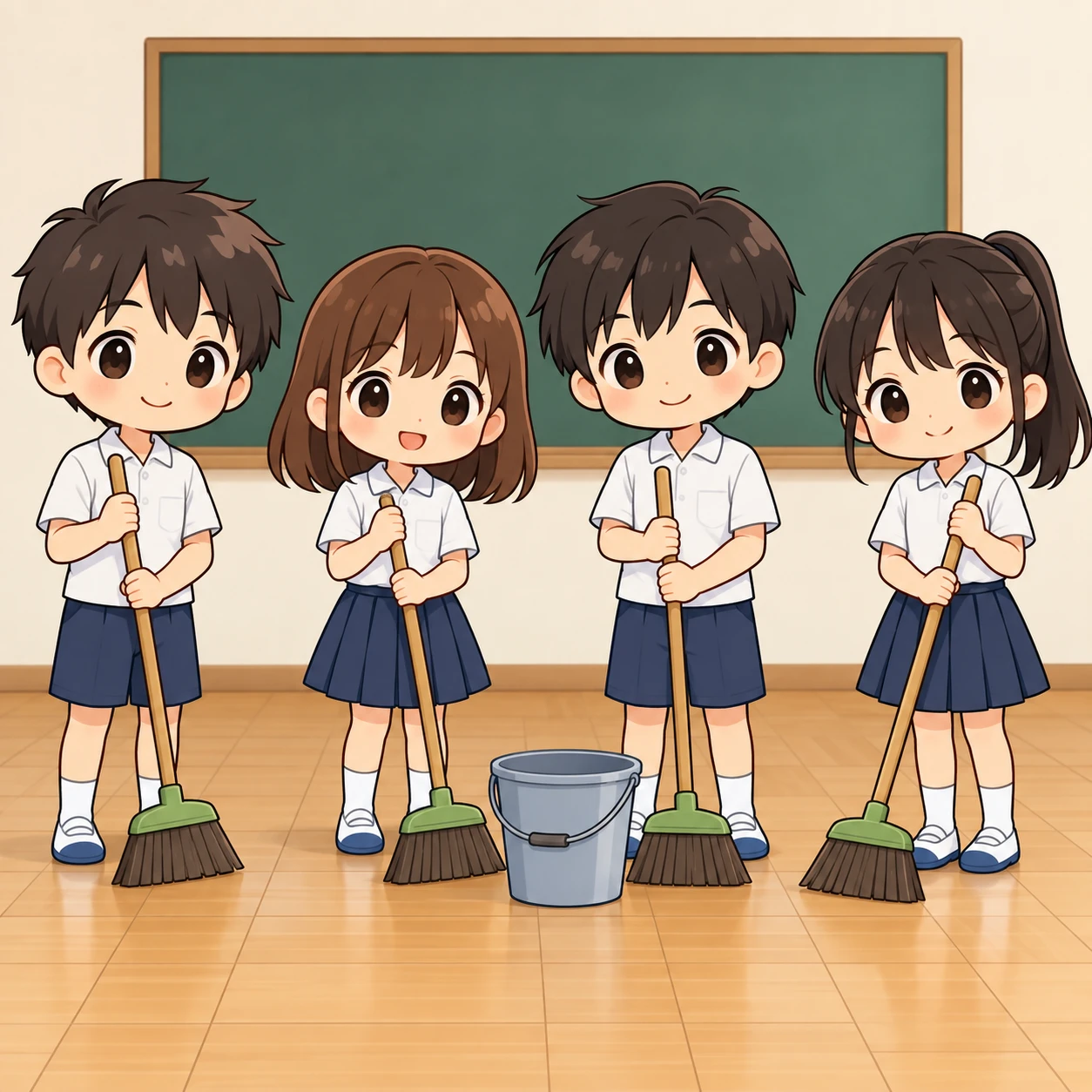 掃除の時間に教室をほうきで掃く生徒たちのイラスト（デフォルメ）