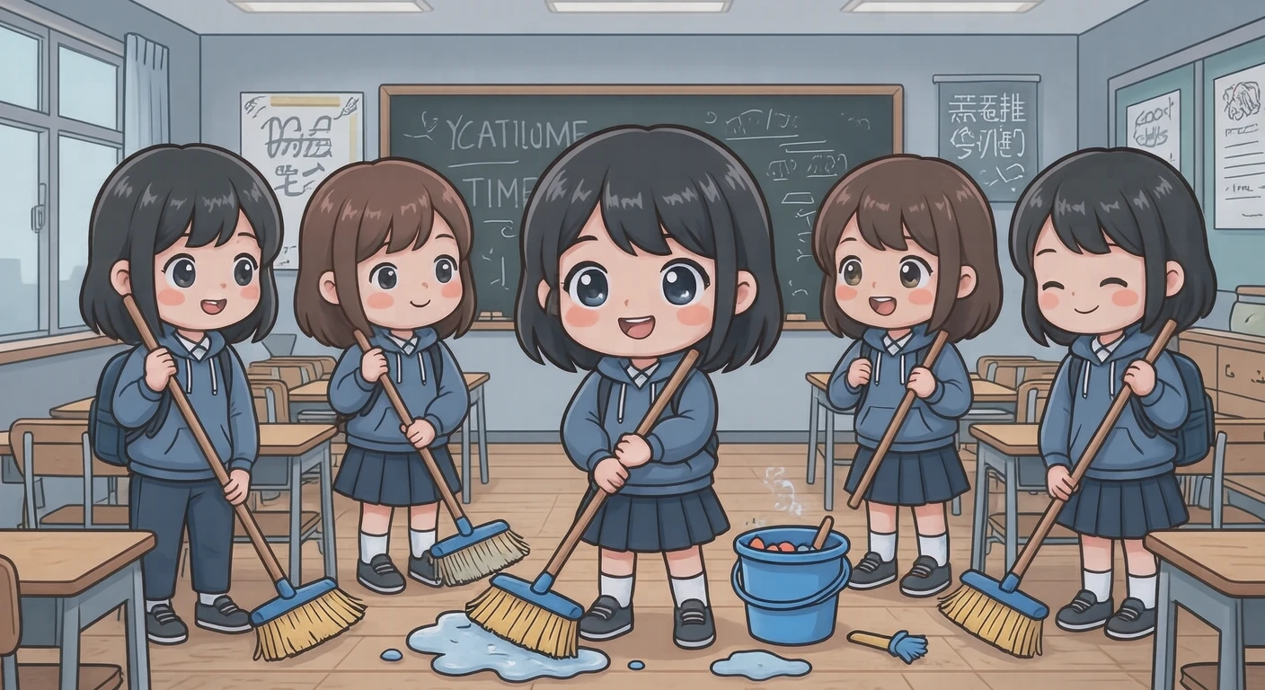 掃除の時間に教室をほうきで掃く生徒たちのイラスト（デフォルメ）