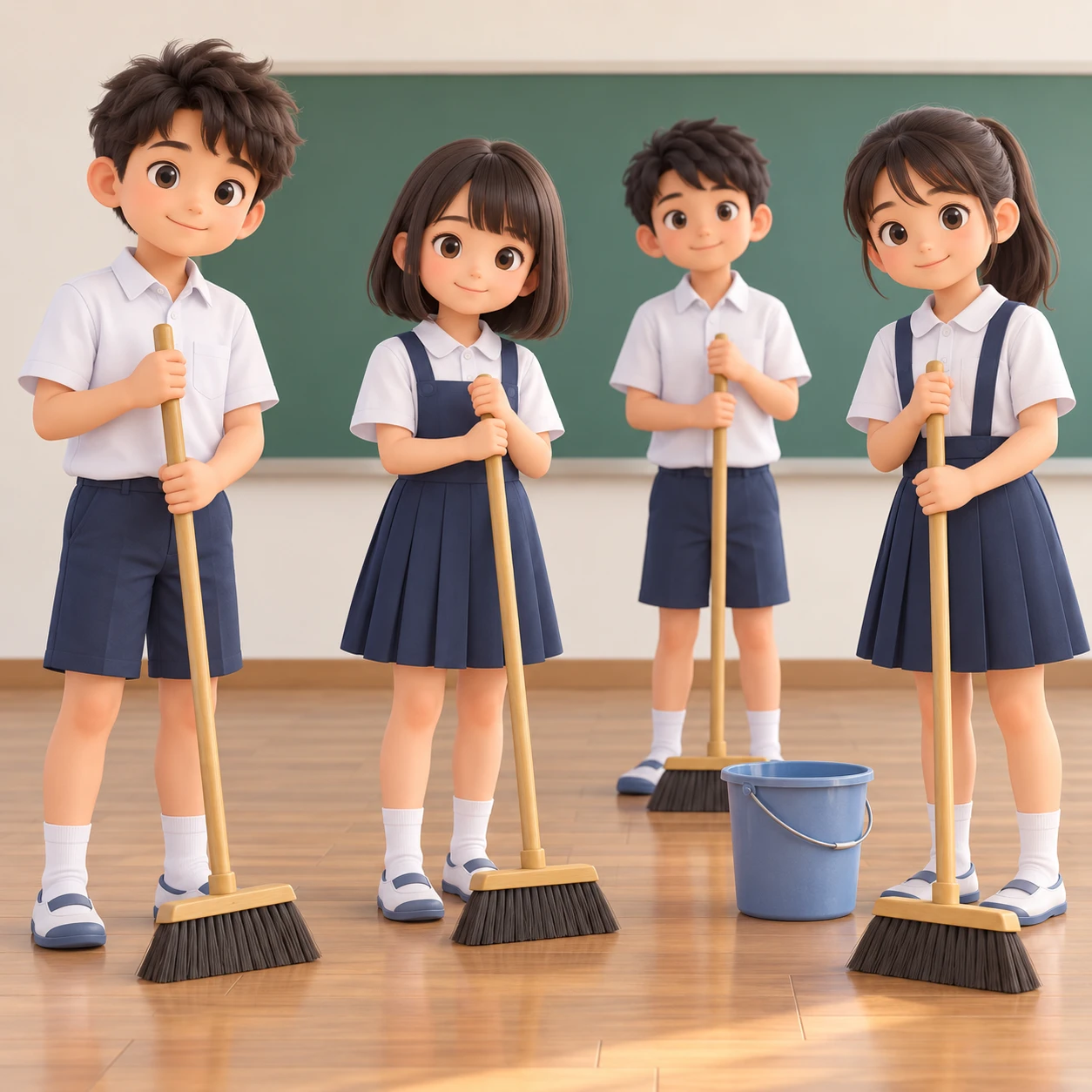 掃除の時間に教室をほうきで掃く生徒たちのイラスト（ソフト3D）
