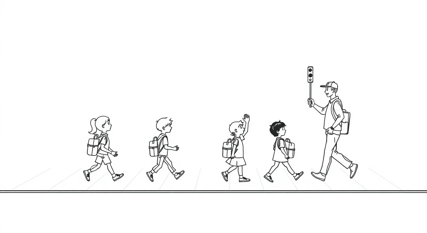 見守りの誘導員と横断歩道を渡る子どもたちのシンプルな線画イラスト