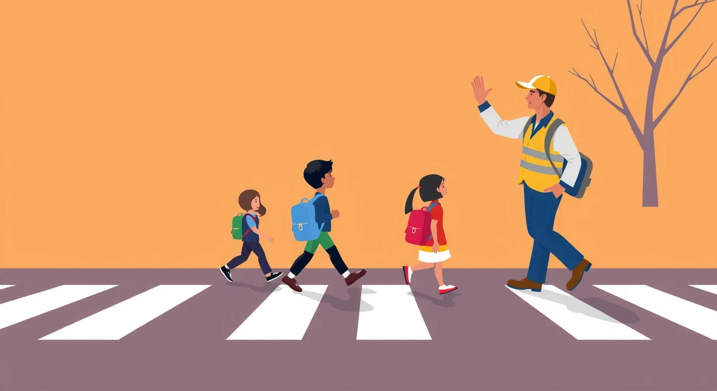 見守りの誘導員と横断歩道を渡る子どもたちのポスター風イラスト