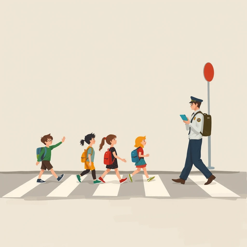 見守りの誘導員と横断歩道を渡る子どもたちのグアッシュ画風イラスト