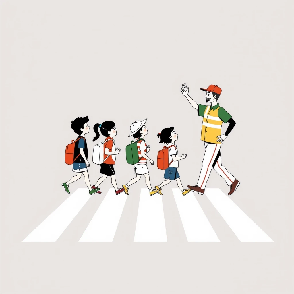 見守りの誘導員と横断歩道を渡る子どもたちのポスター風イラスト