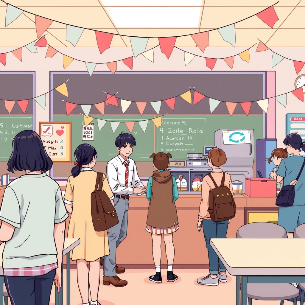 文化祭で模擬店を運営する生徒たちのパステル調のイラスト