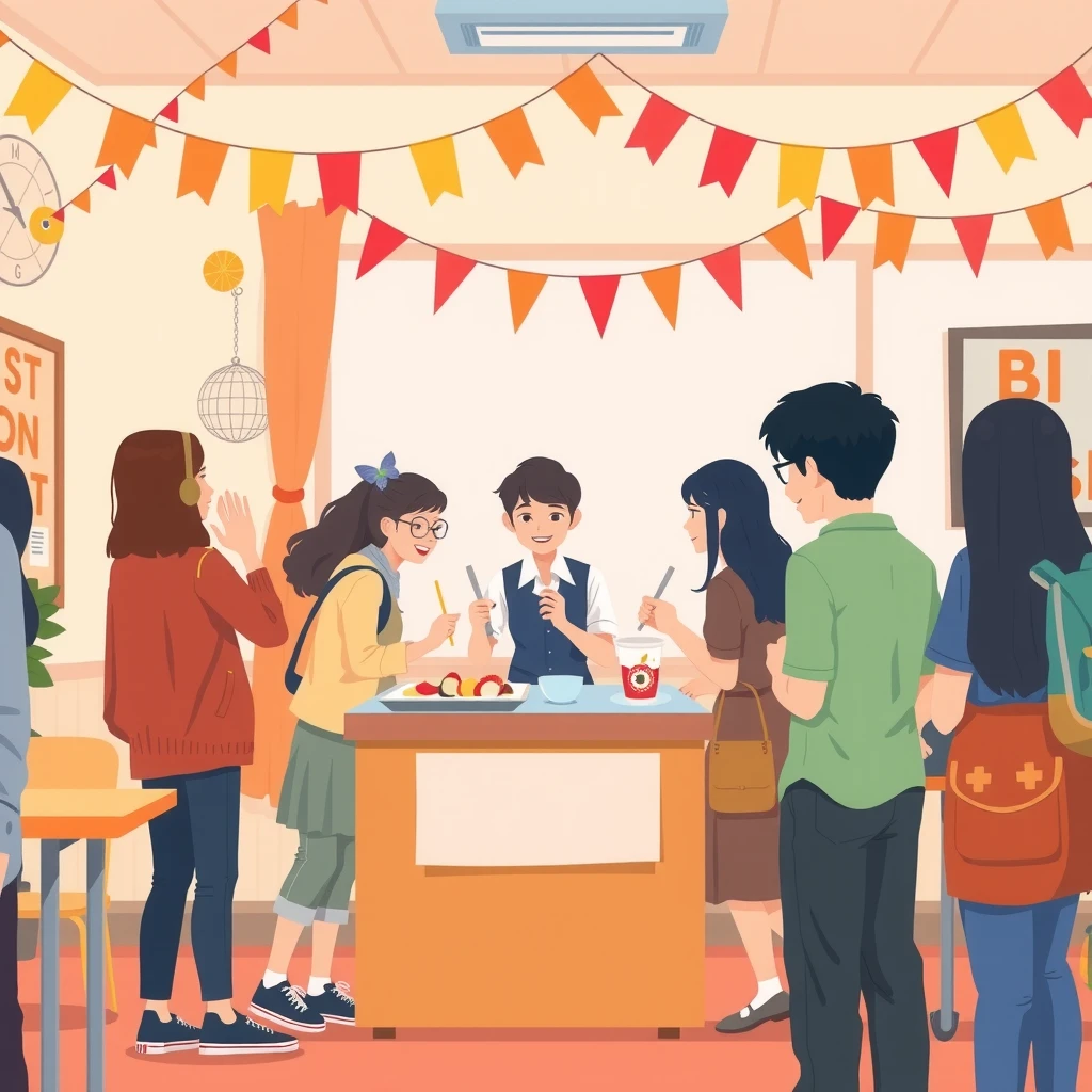 文化祭で模擬店を運営する生徒たちのフラットイラスト