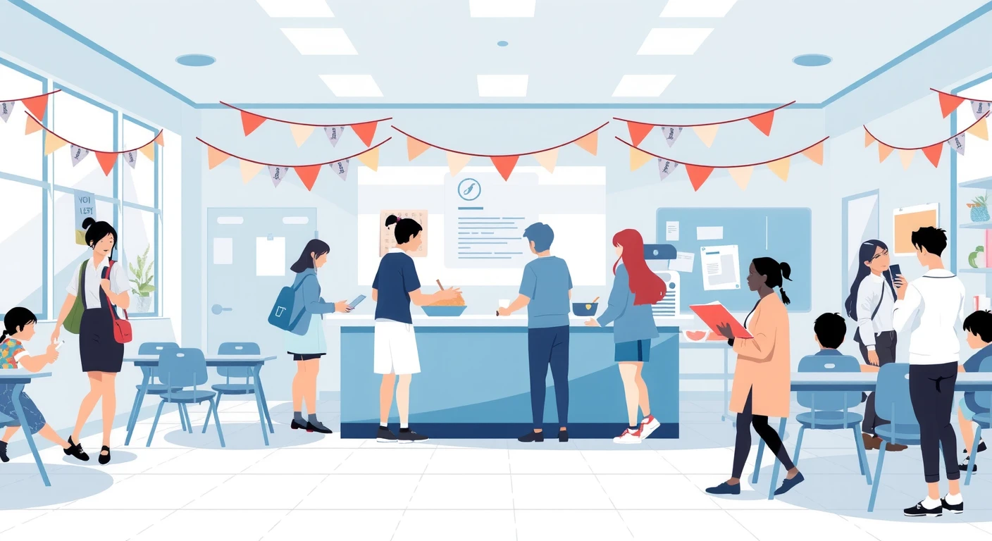 文化祭で模擬店を運営する生徒たちのフラットイラスト