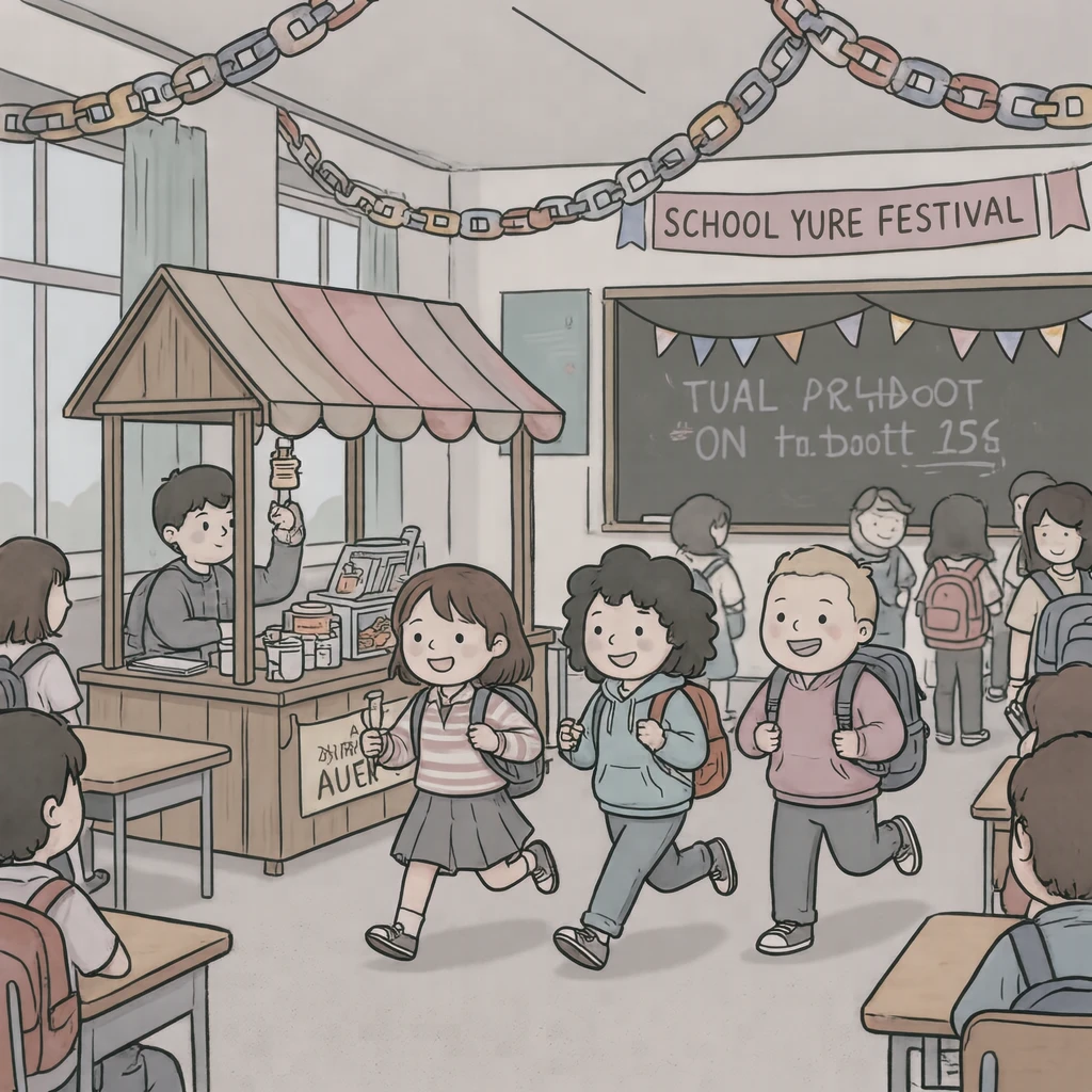 文化祭で模擬店を運営する生徒たちのイラスト（ゆるいイラスト）