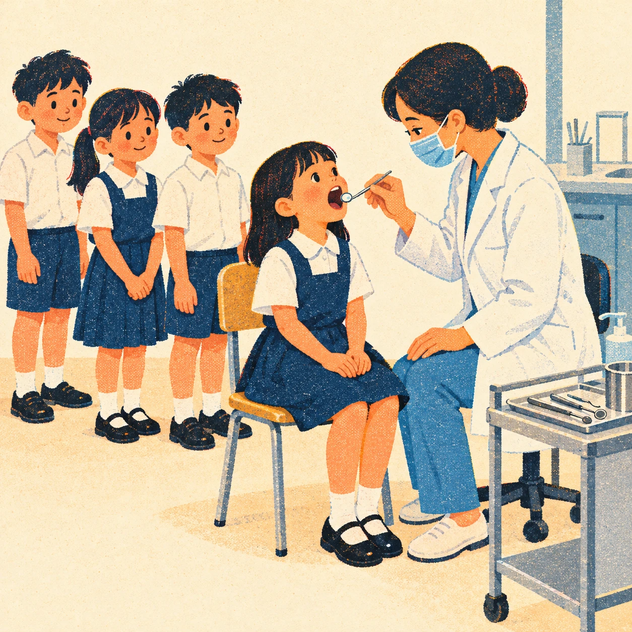 Illustration of a student having a school dental checkup (retro print)