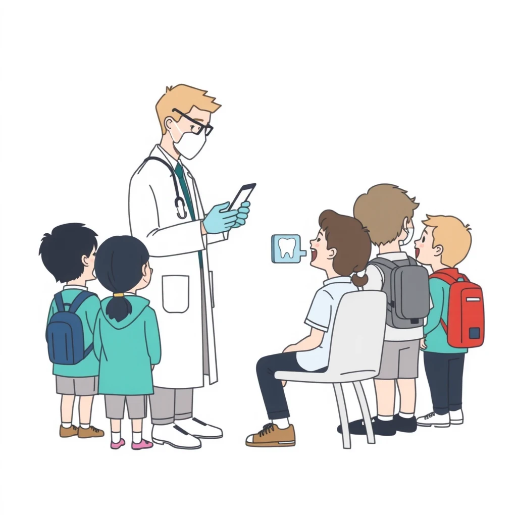歯科検診を受ける生徒と歯科医のイラスト