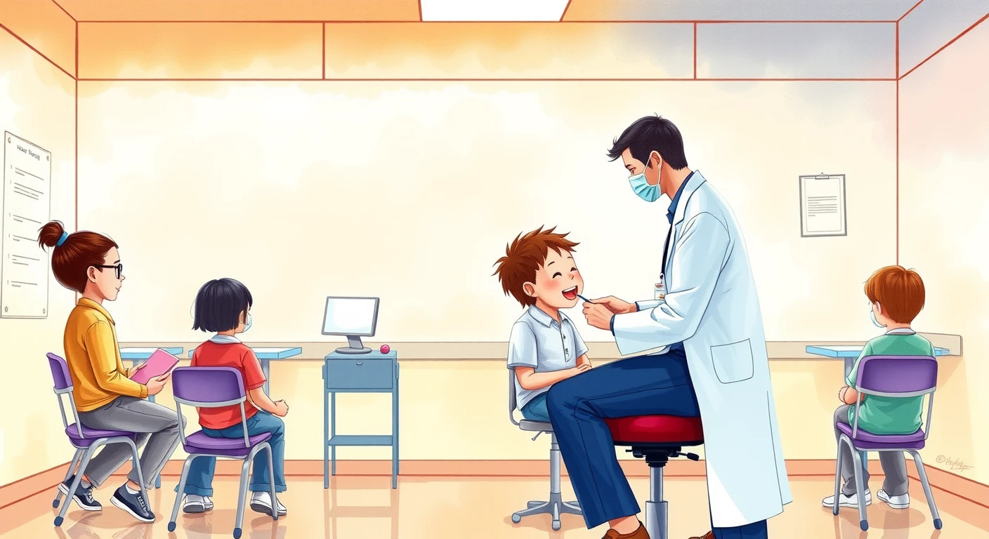 歯科検診を受ける生徒と歯科医のイラスト