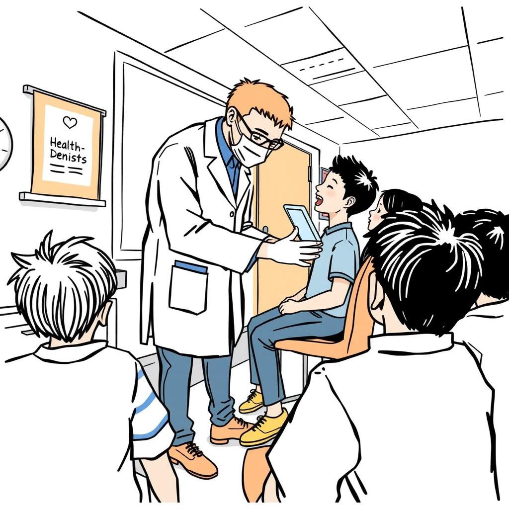歯科検診を受ける生徒と歯科医のイラスト