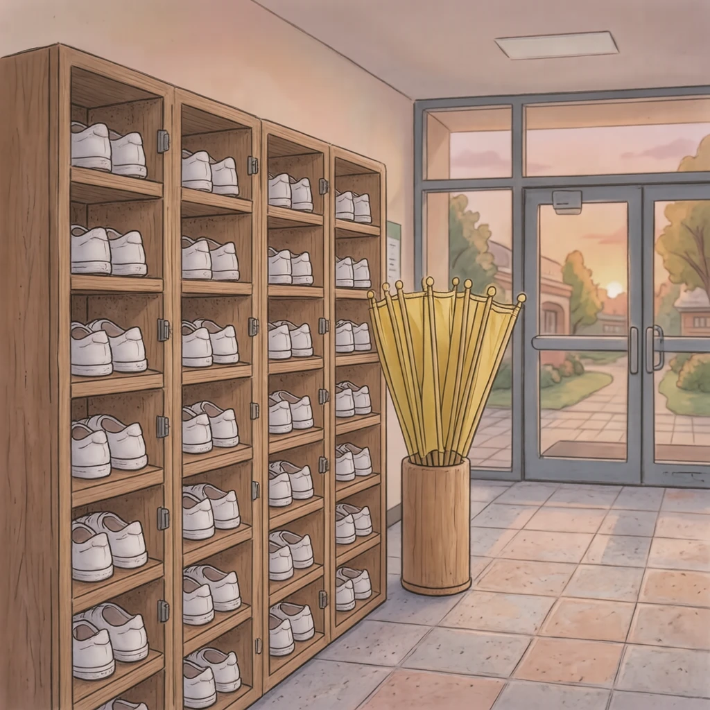 小学校の昇降口の下駄箱と横断旗のイラスト（ソフトパステル）