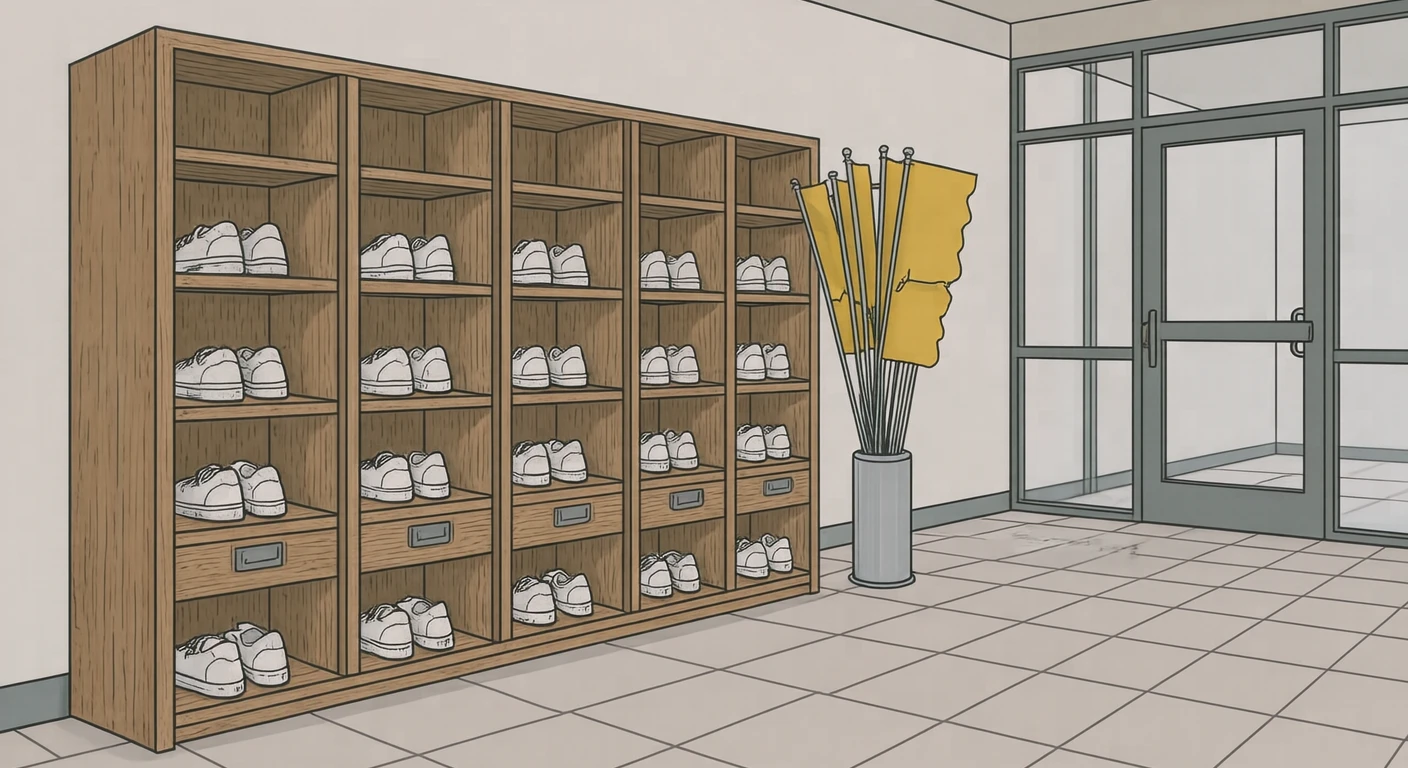 小学校の昇降口の下駄箱と横断旗のイラスト（シンプル線画）