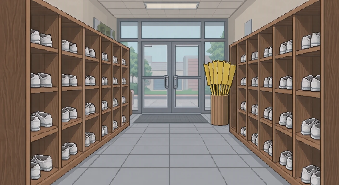 小学校の昇降口の下駄箱と横断旗のドット絵（ドット絵）