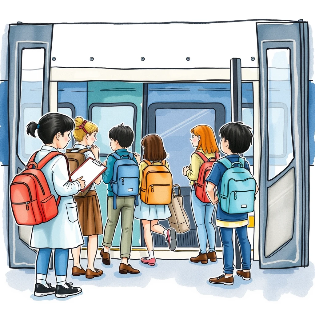 修学旅行でバスに乗り込む生徒たちのイラスト