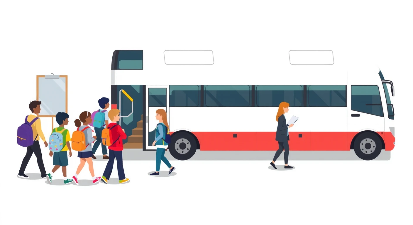 修学旅行でバスに乗り込む生徒たちのイラスト