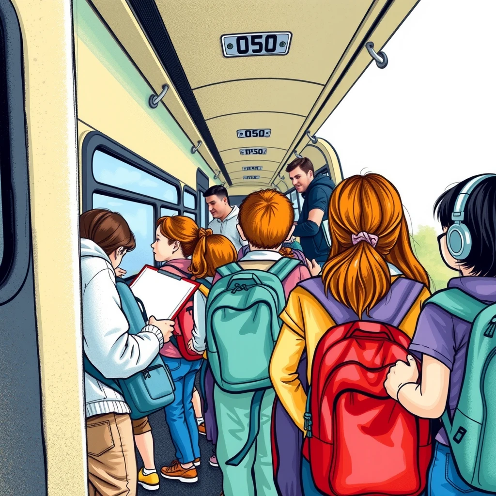 修学旅行でバスに乗り込む生徒たちのイラスト