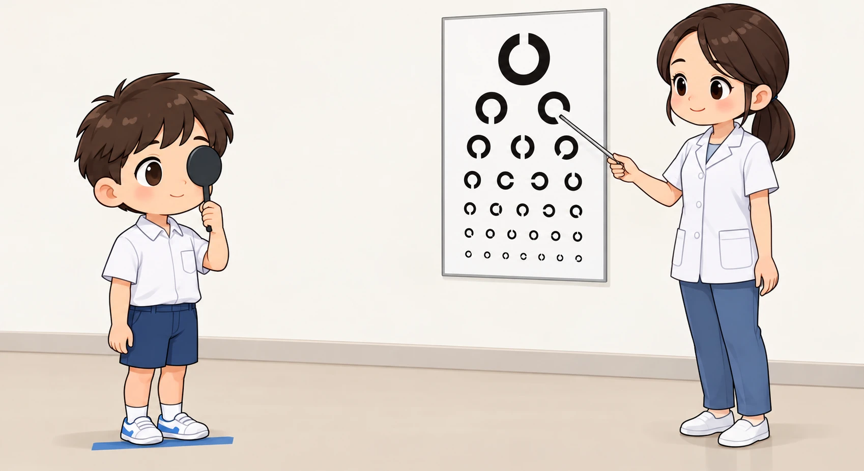 Illustration of a student taking an eye test with a school nurse (chibi)