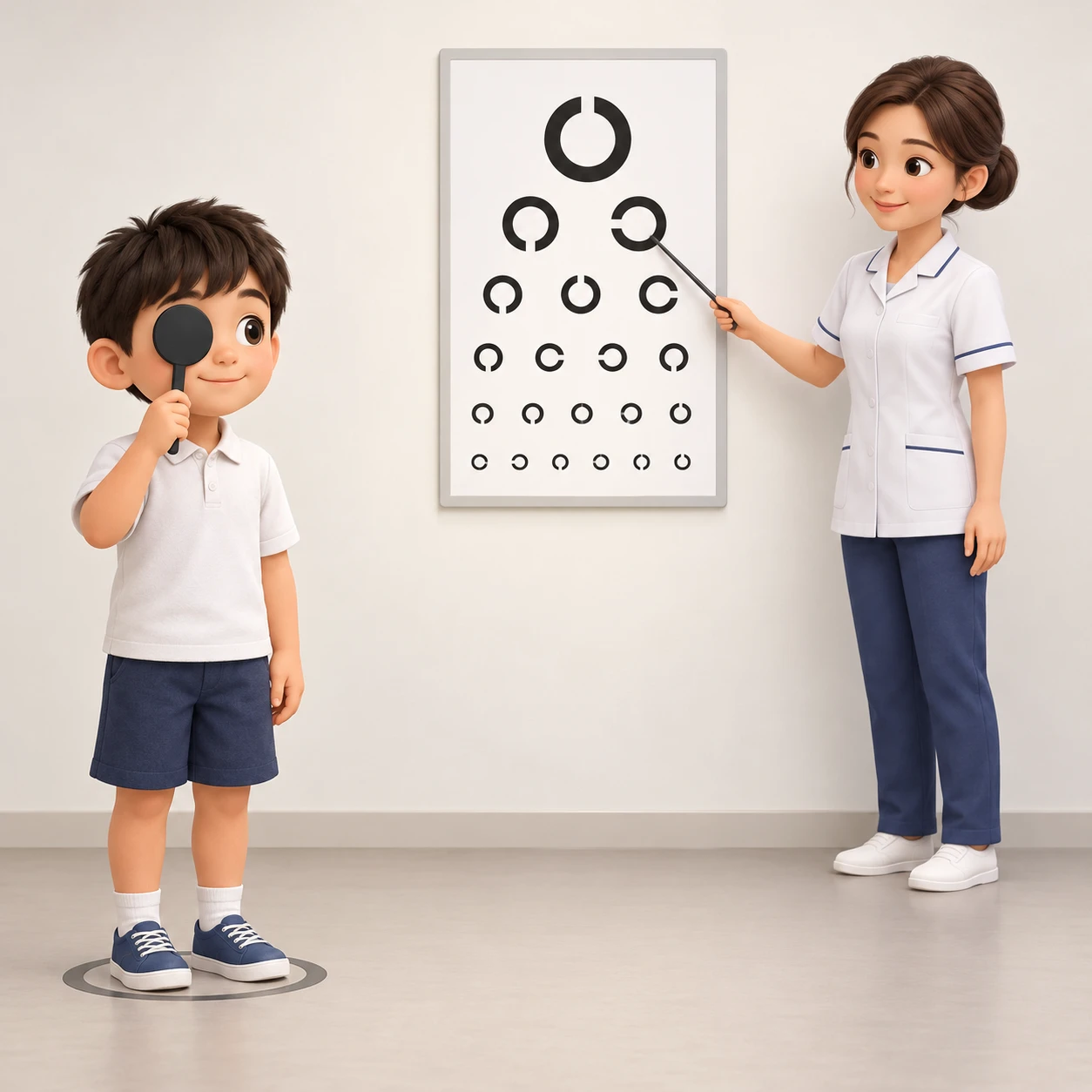 Illustration of a student taking an eye test with a school nurse (soft 3D)