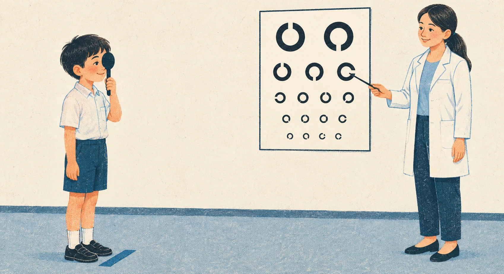 Illustration of a student taking an eye test with a school nurse (retro print)