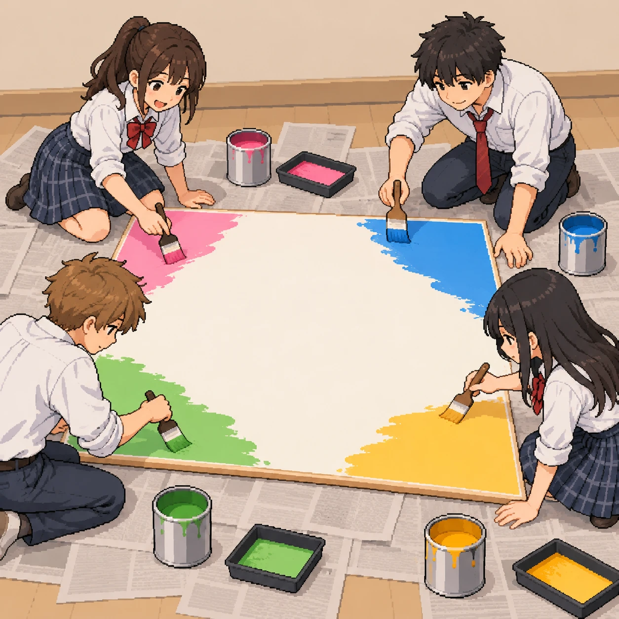 文化祭の準備で看板を作る生徒たちのイラスト（ドット絵）