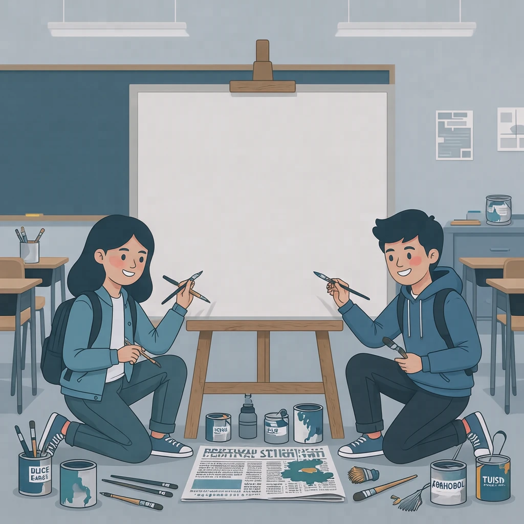 文化祭の準備で看板を作る生徒たちのイラスト（フラットイラスト）