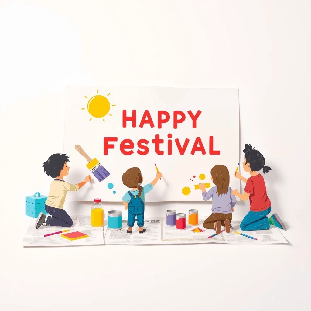 文化祭の準備で看板を作る生徒たちのイラスト