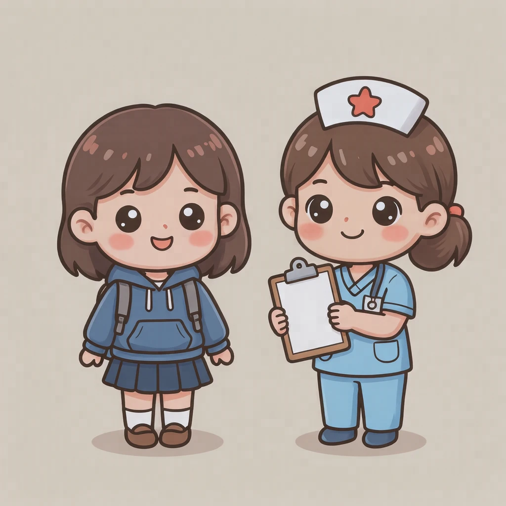 Illustration of a school nurse measuring a student's height (chibi)