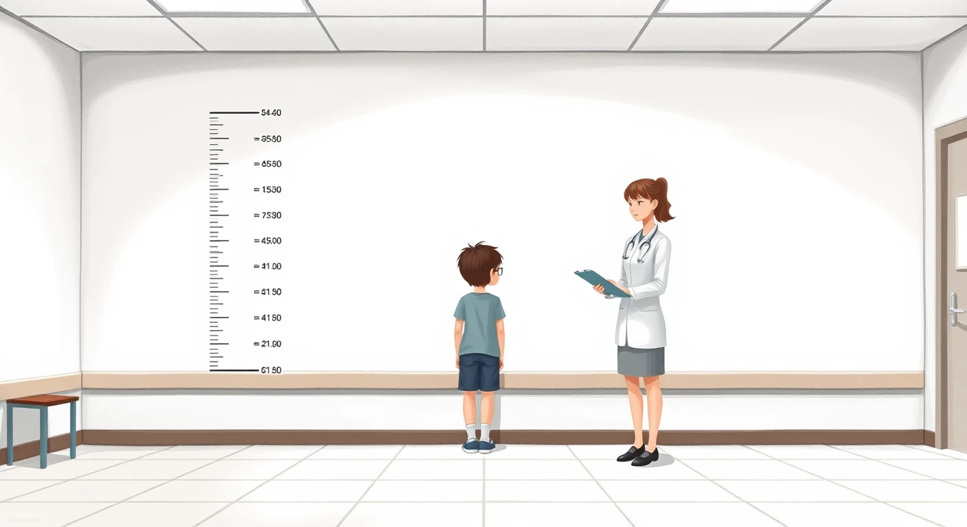 身体測定で身長を測る生徒と養護教諭のイラスト
