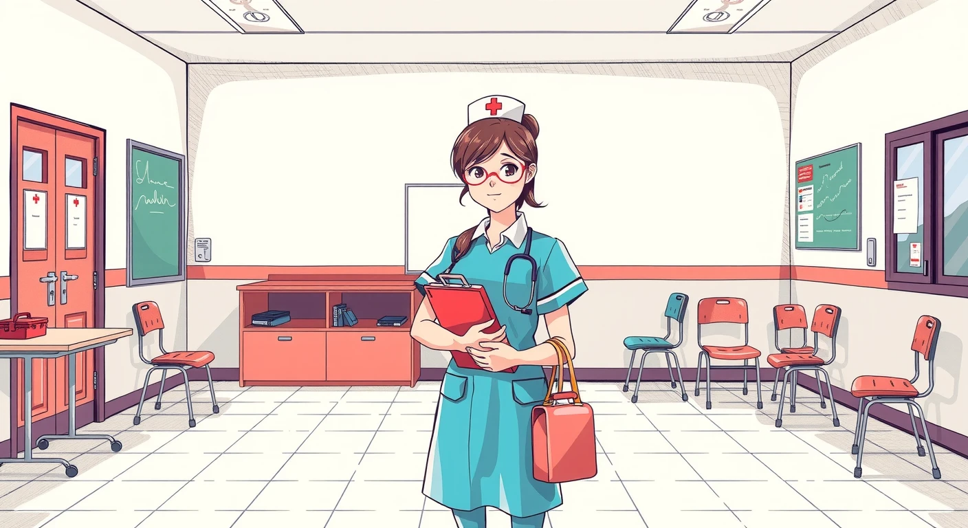 保健室の養護教諭の色鉛筆風イラスト