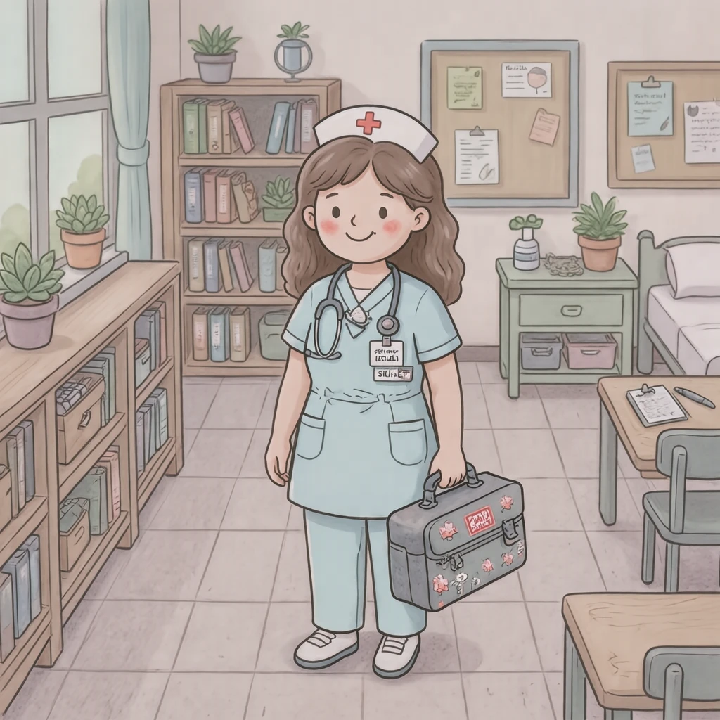 保健室の養護教諭のイラスト（ソフトパステル）