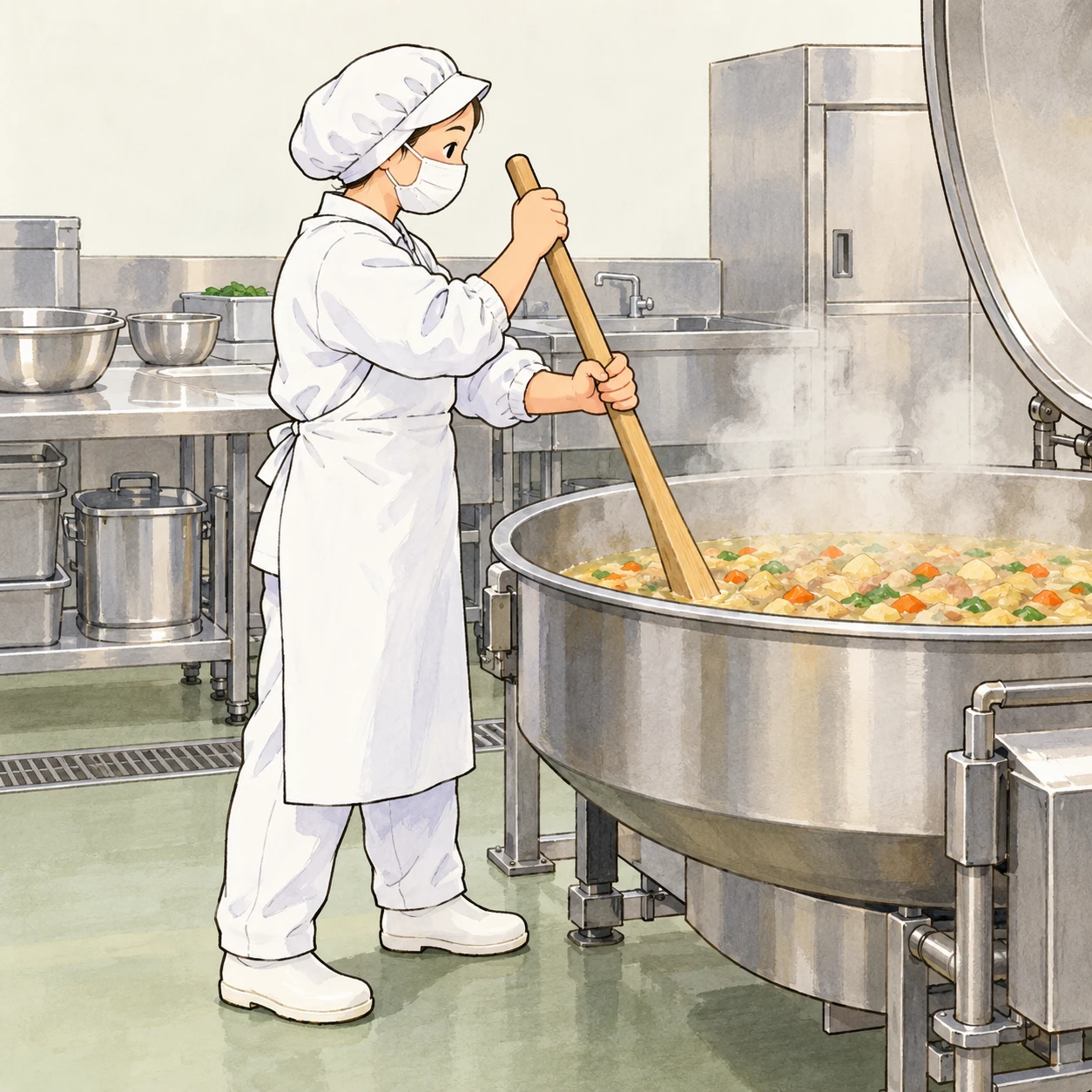 Illustration of a school lunch cook stirring a huge pot (hand-drawn)