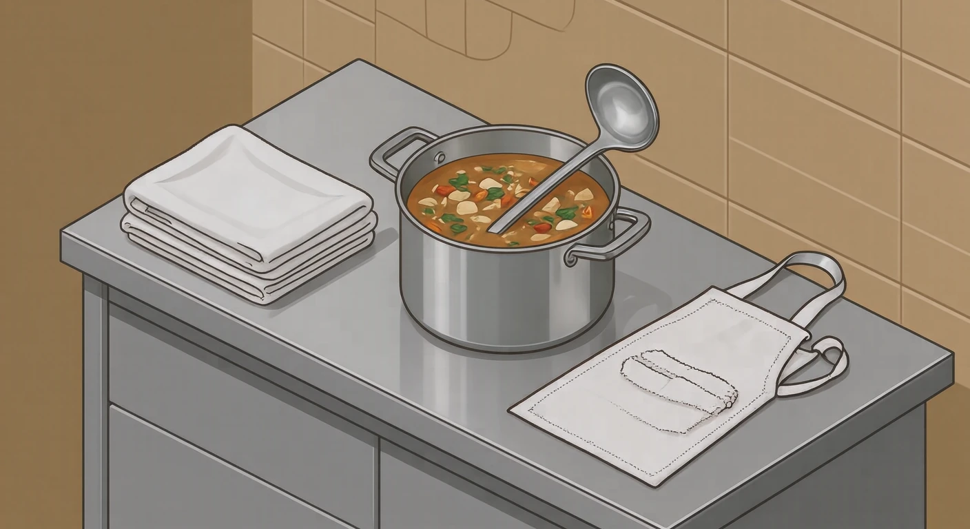給食の白いエプロンとおたまのイラスト（アイソメトリック）
