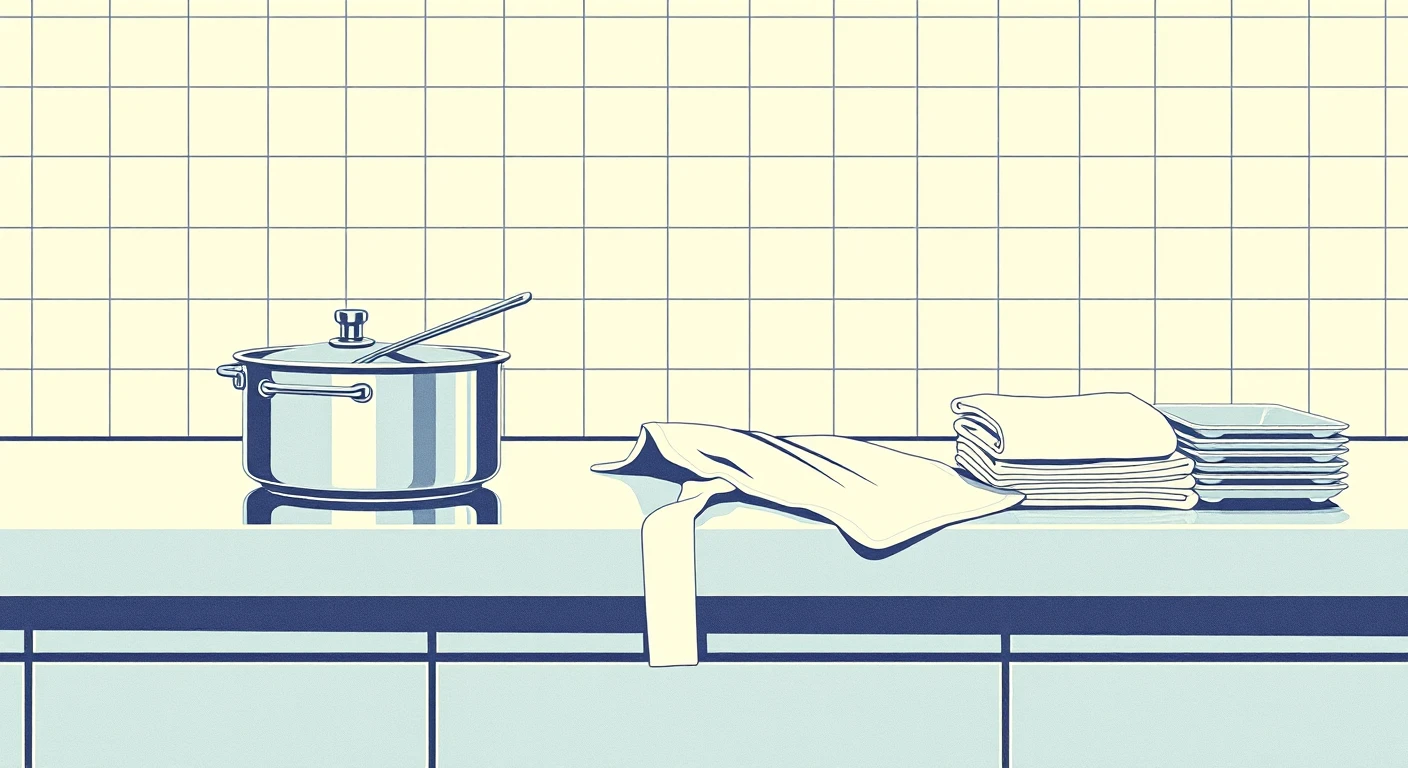 給食の白いエプロンとおたまのレトロ印刷風イラスト（レトロ印刷）