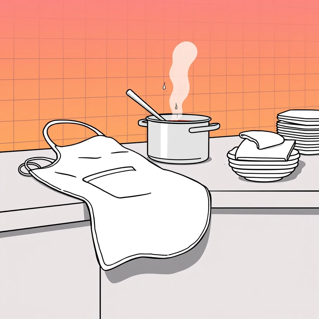 給食の白いエプロンとおたまのシンプルな線画イラスト（シンプル線画）
