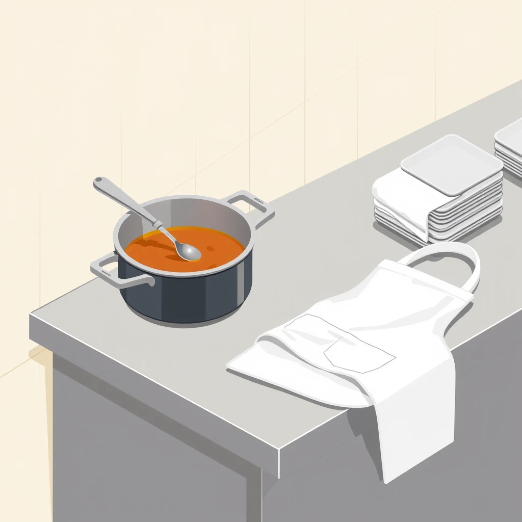 給食の白いエプロンとおたまのアイソメトリックイラスト